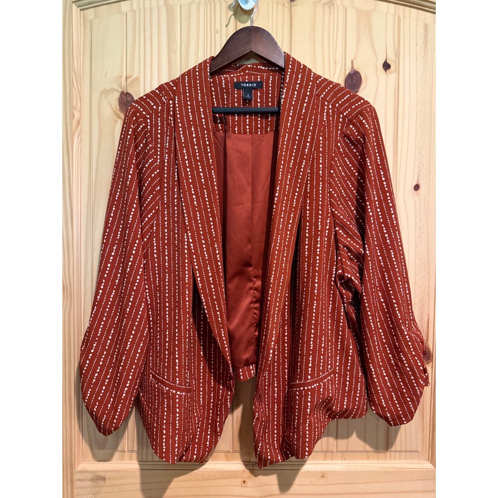 Torrid‎ Rust Orange Dotted Pinstripe Ruched 3/4 Sleeve Open Front Blazer Size 4